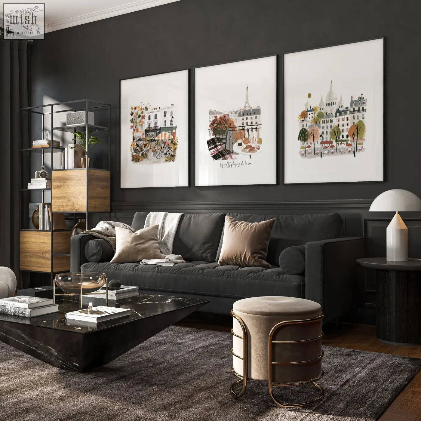 Dark gray upholstered sofa with beige and taupe pillows in living room featuring large paris travel wall art prints