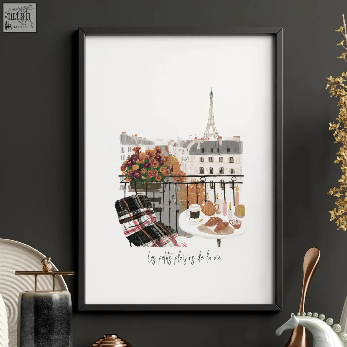 Black framed wall art living room print of parisian balcony with eiffel tower autumn flowers and breakfast table