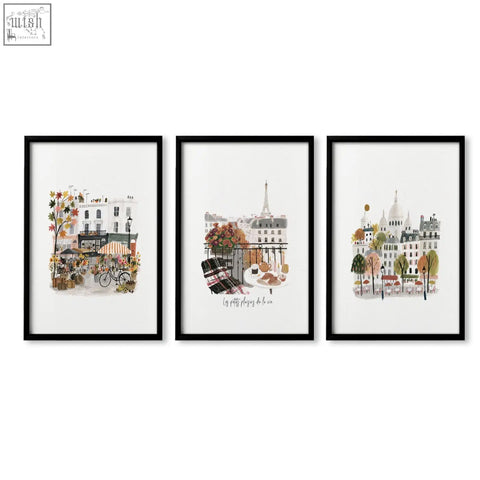 Set of three black-framed parisian-themed watercolor wall art prints perfect for living room wall art living spaces