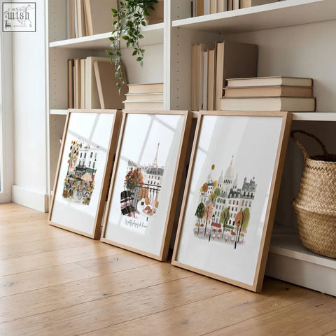Three parisian-themed watercolor wall art prints in light wood frames perfect for living room wall art living decor