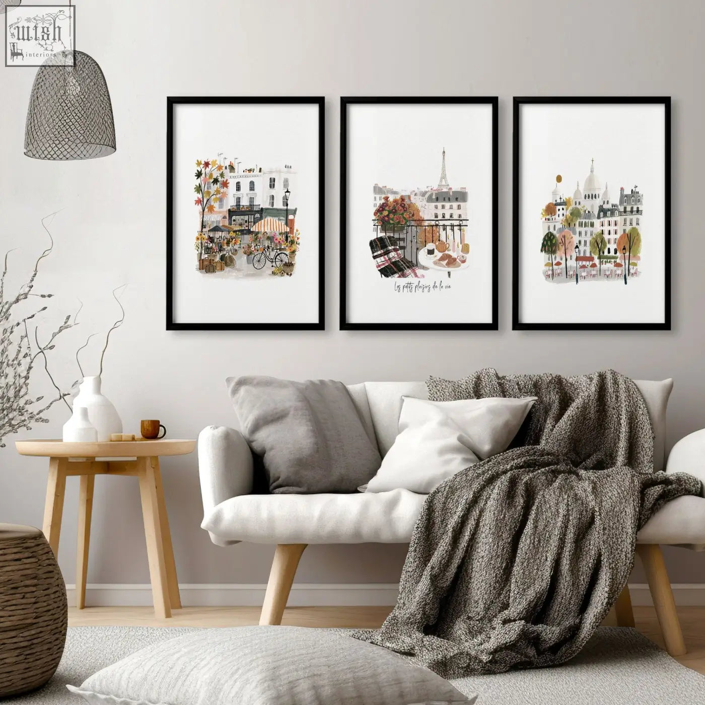 Three framed parisian-themed watercolor wall art prints with black frames for living room wall art living space decor