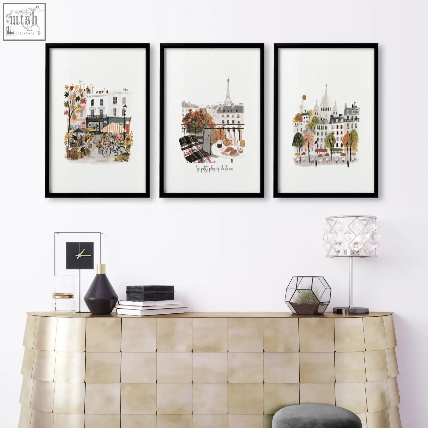 Three black-framed parisian-themed watercolor wall art prints featuring eiffel tower cityscapes for living room decor