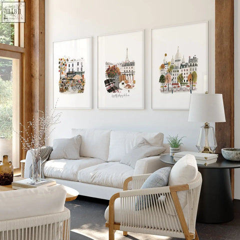 Three framed parisian-themed wall art prints in soft earth tones perfect for living room wall art living spaces