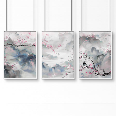 Wall Art Living Room Large | Set of 3 Chinoiserie Wall art Prints