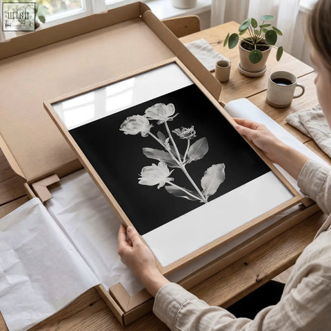 Minimalist black and white wall art nature print set featuring delicate white florals in light wood frames on dark background