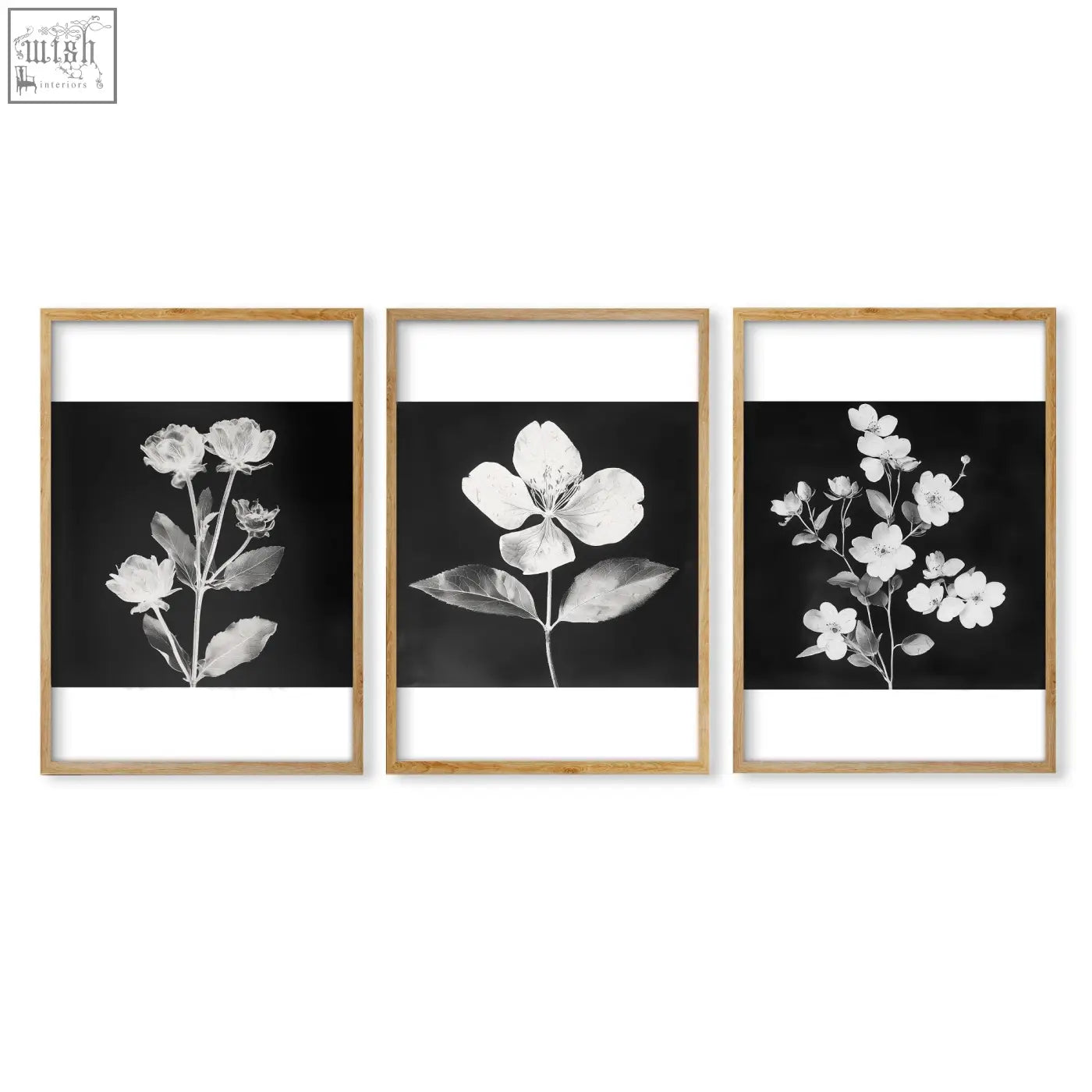 Set of 3 framed black and white charcoal botanical wall art nature prints with light wood frames for home decor