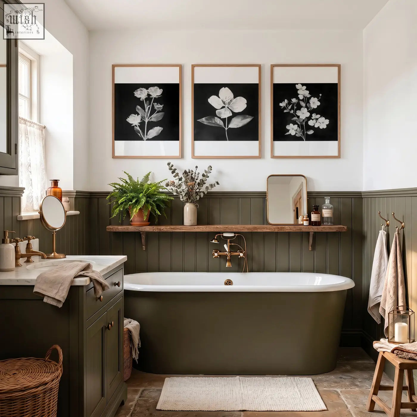 Olive green freestanding bathtub with polished brass faucet and gold fixtures paired with wall art nature prints set of 3