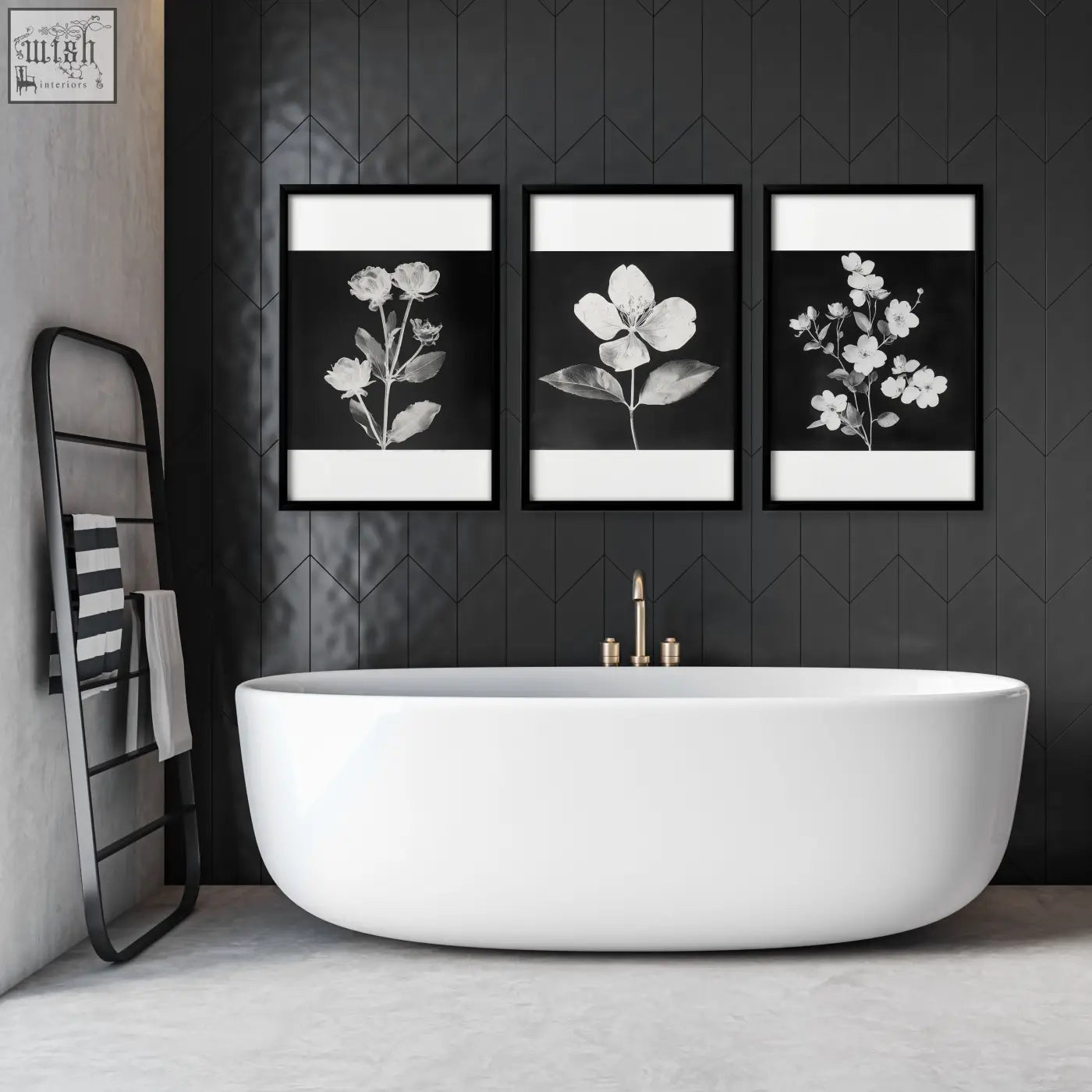 Three black-framed wall art nature charcoal botanical floral prints hang above a freestanding bathtub