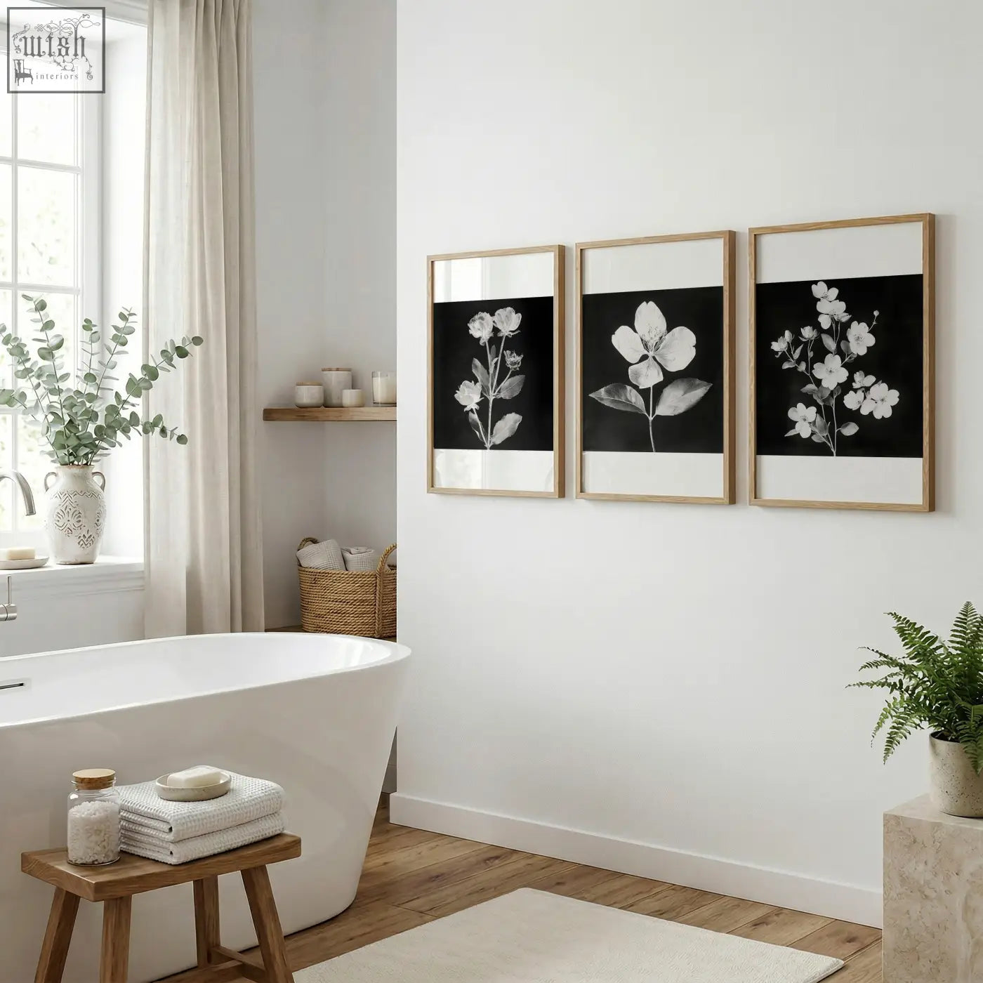 Three framed wall art nature prints with black and white charcoal floral designs in light wood frames
