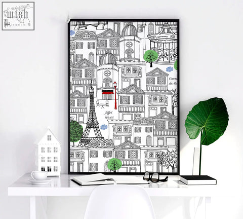 Black-framed wall art paris poster with intricate parisian line drawings and green accents featuring eiffel tower landmarks