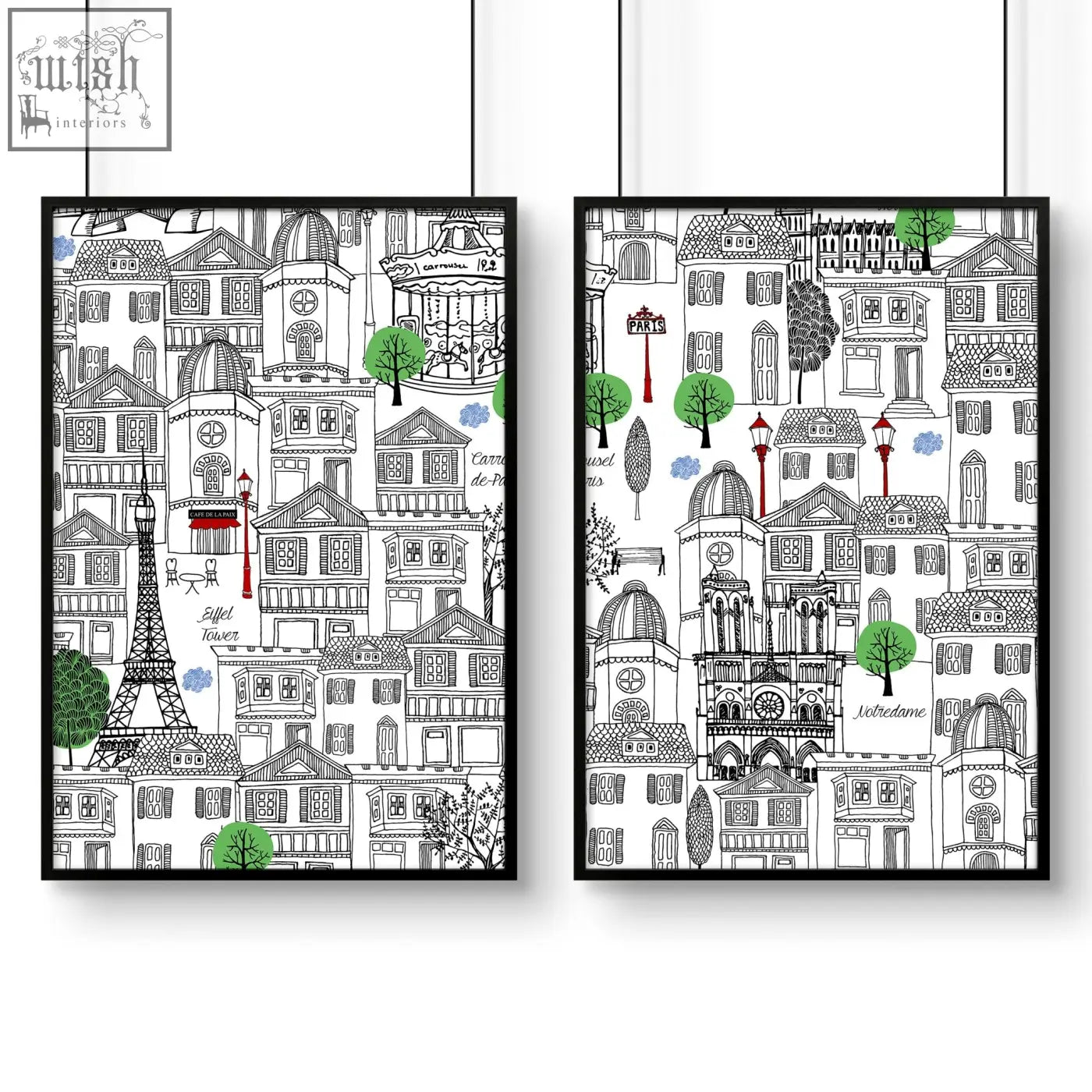 Black-framed wall art paris set of 2 travel posters with hand-drawn buildings green trees and eiffel tower landmarks