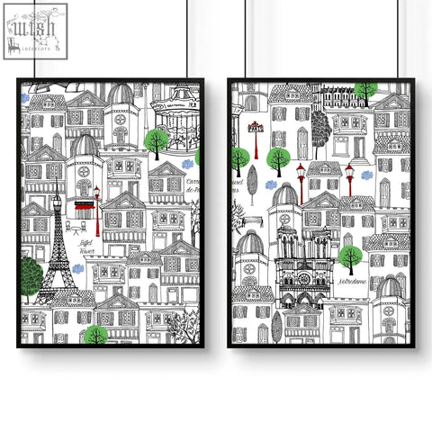 Black-framed wall art paris set of 2 travel posters with hand-drawn buildings green trees and eiffel tower landmarks