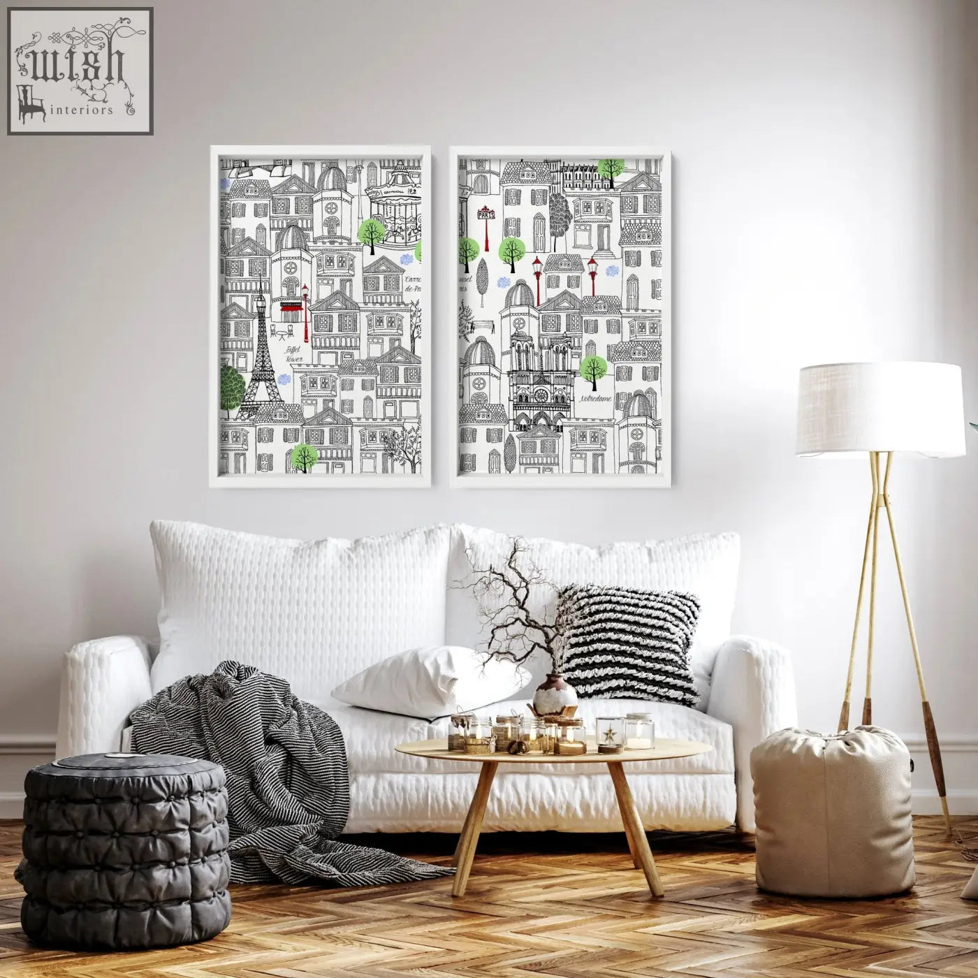 Two framed black-and-white wall art paris posters with green and red accents featuring iconic eiffel tower cityscape