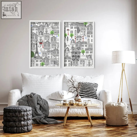 Two framed black-and-white wall art paris posters with green and red accents featuring iconic eiffel tower cityscape