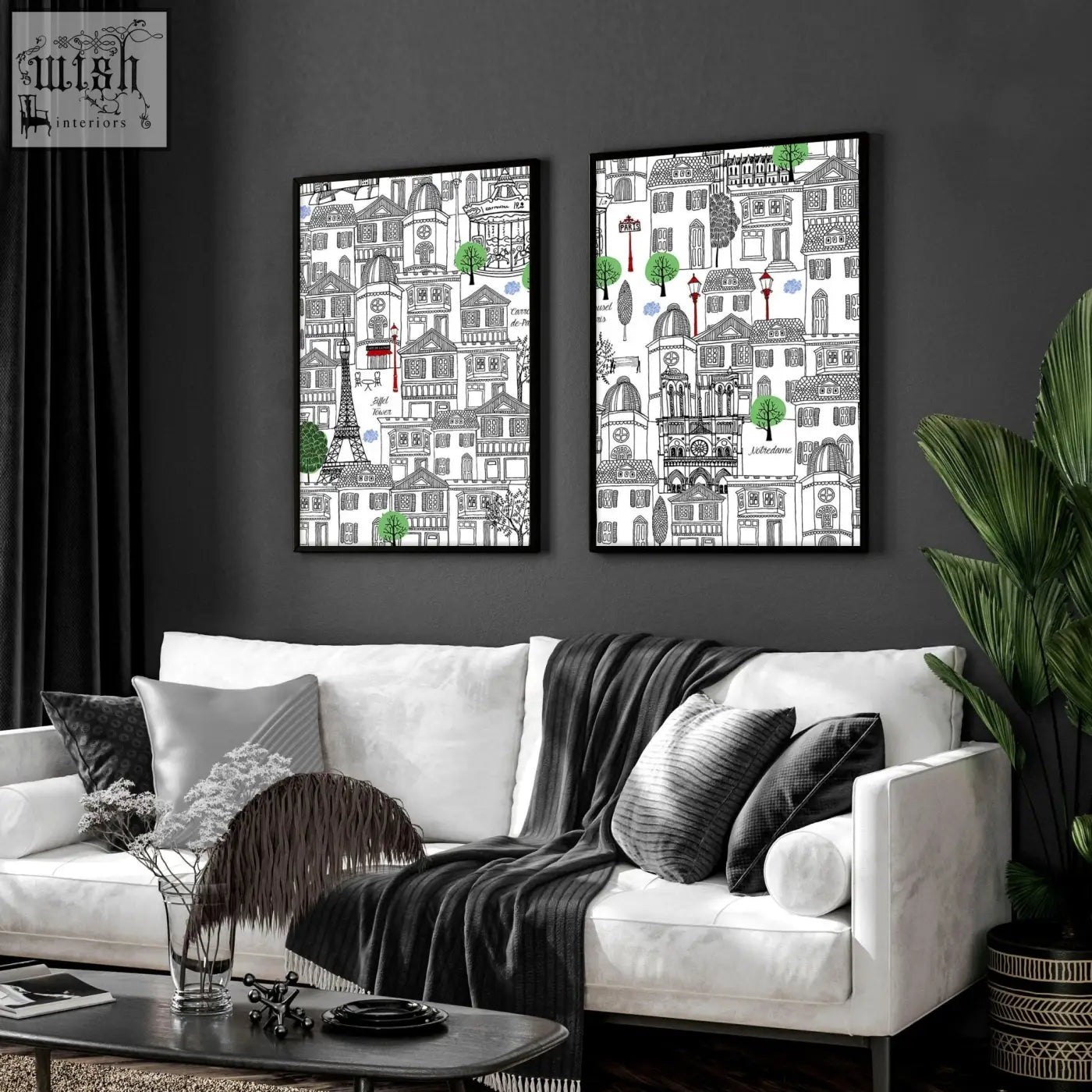 Two framed black and white illustrated wall art paris posters with green and red accents featuring the eiffel tower