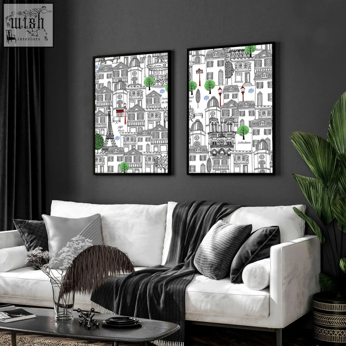 Two framed black and white illustrated wall art paris posters with green and red accents featuring the eiffel tower