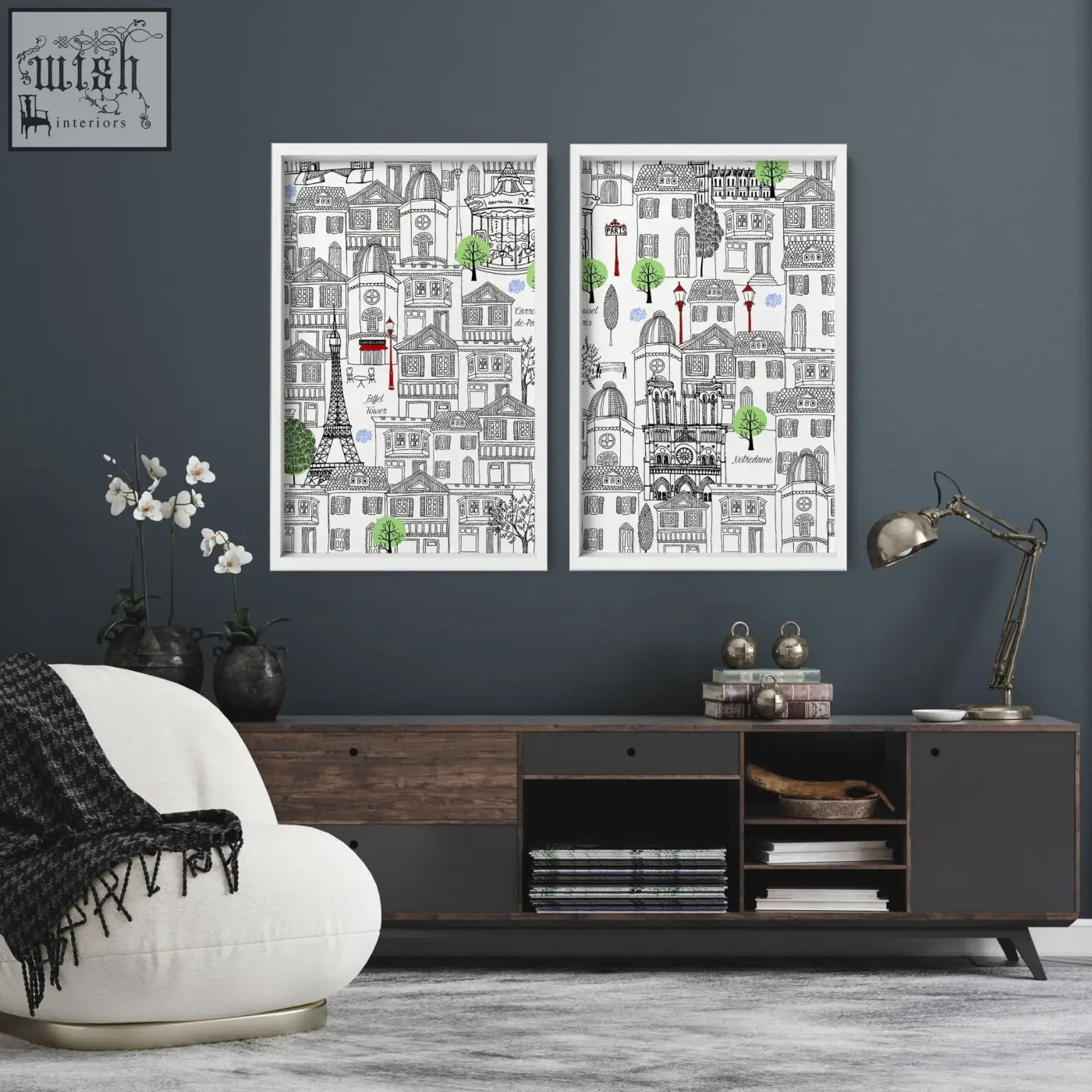 Two framed wall art paris travel posters with black and white cityscape sketches and green accents on a plain background