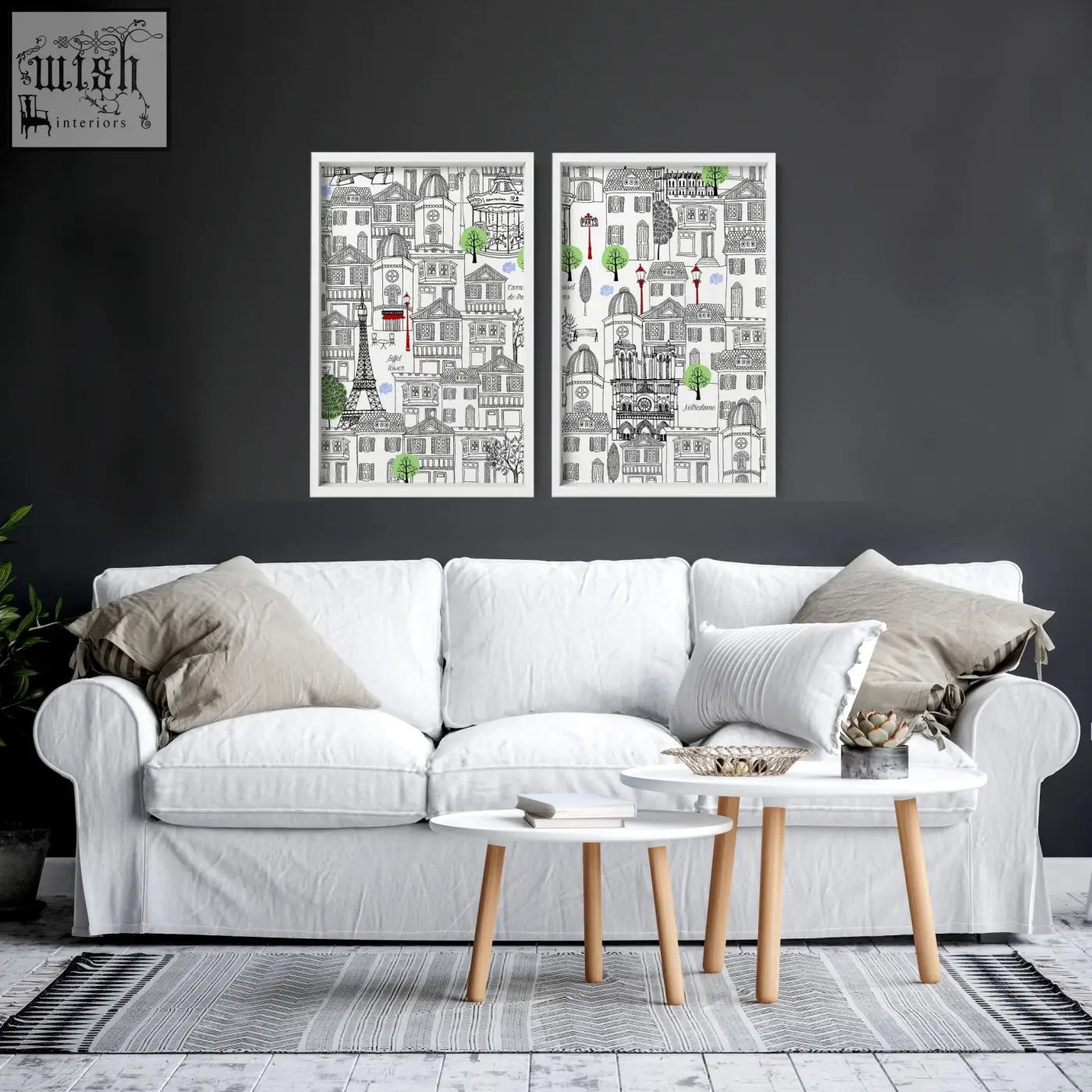 White sofa with beige and white pillows beside wall art paris set of 2 travel posters on the wall