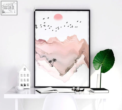 Framed abstract landscape seaside wall art with pink watercolor mountains pale sun black birds and palm trees set of 3