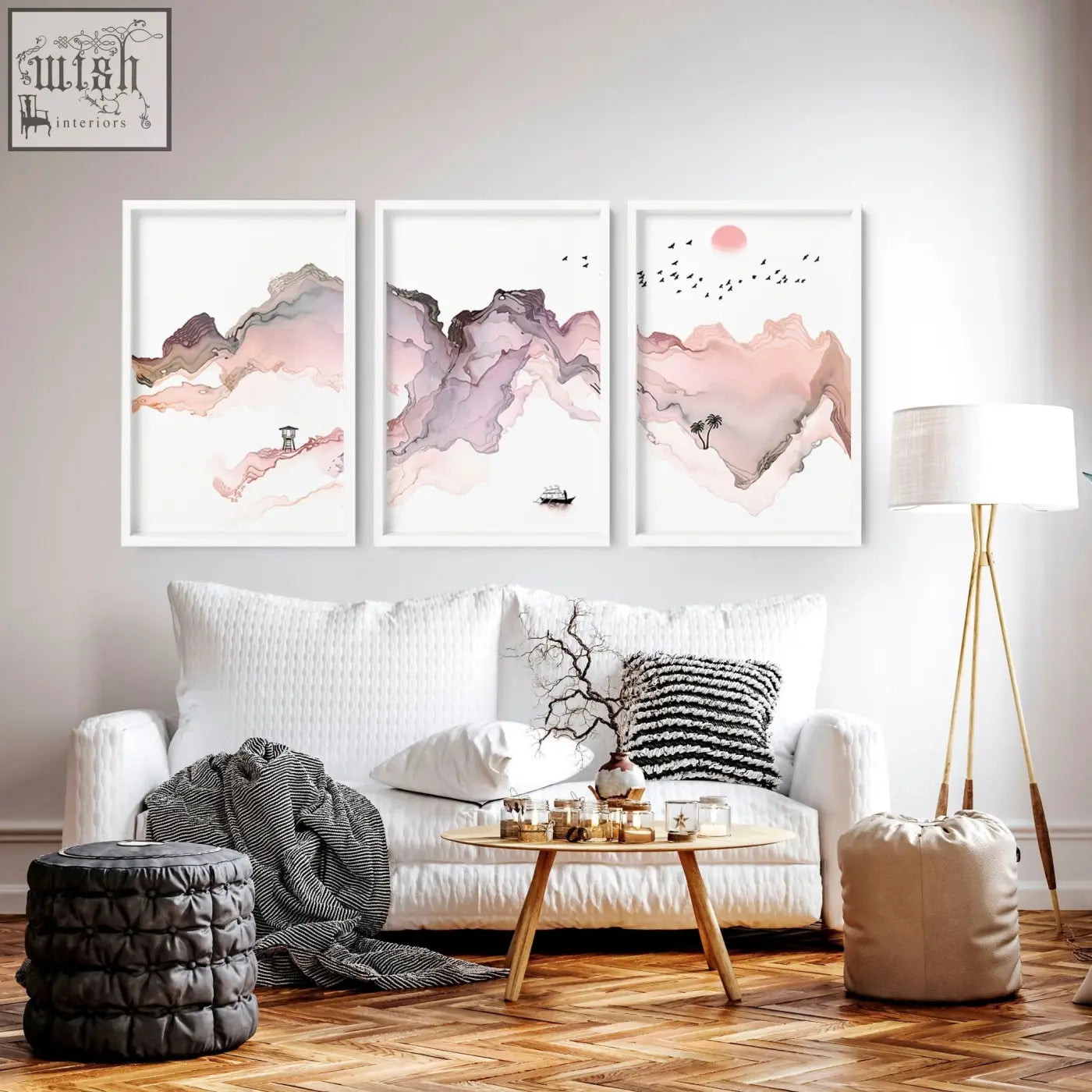 Three framed seaside wall art prints featuring abstract mountain landscapes in soft pink purple and white watercolor washes