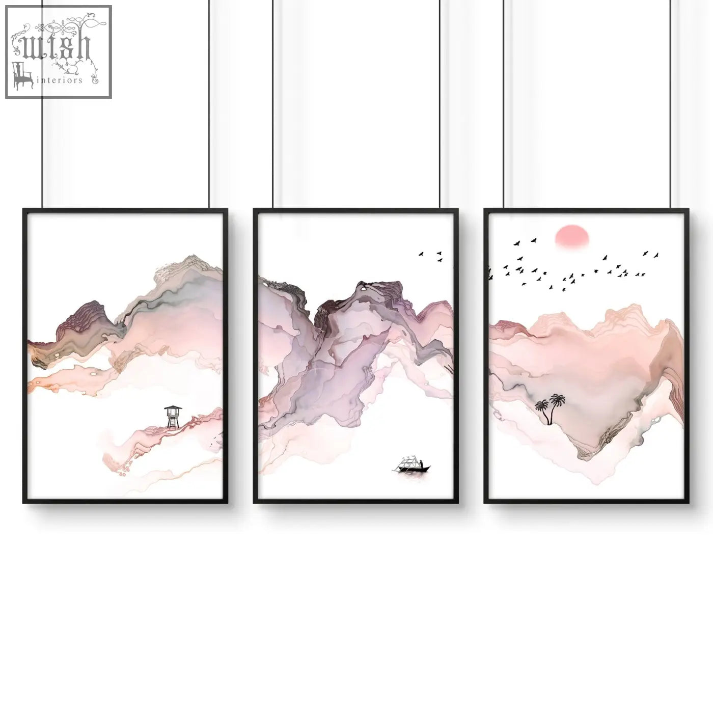 Set of three framed seaside wall art prints with soft watercolor mountain landscapes in muted pinks purples and grays