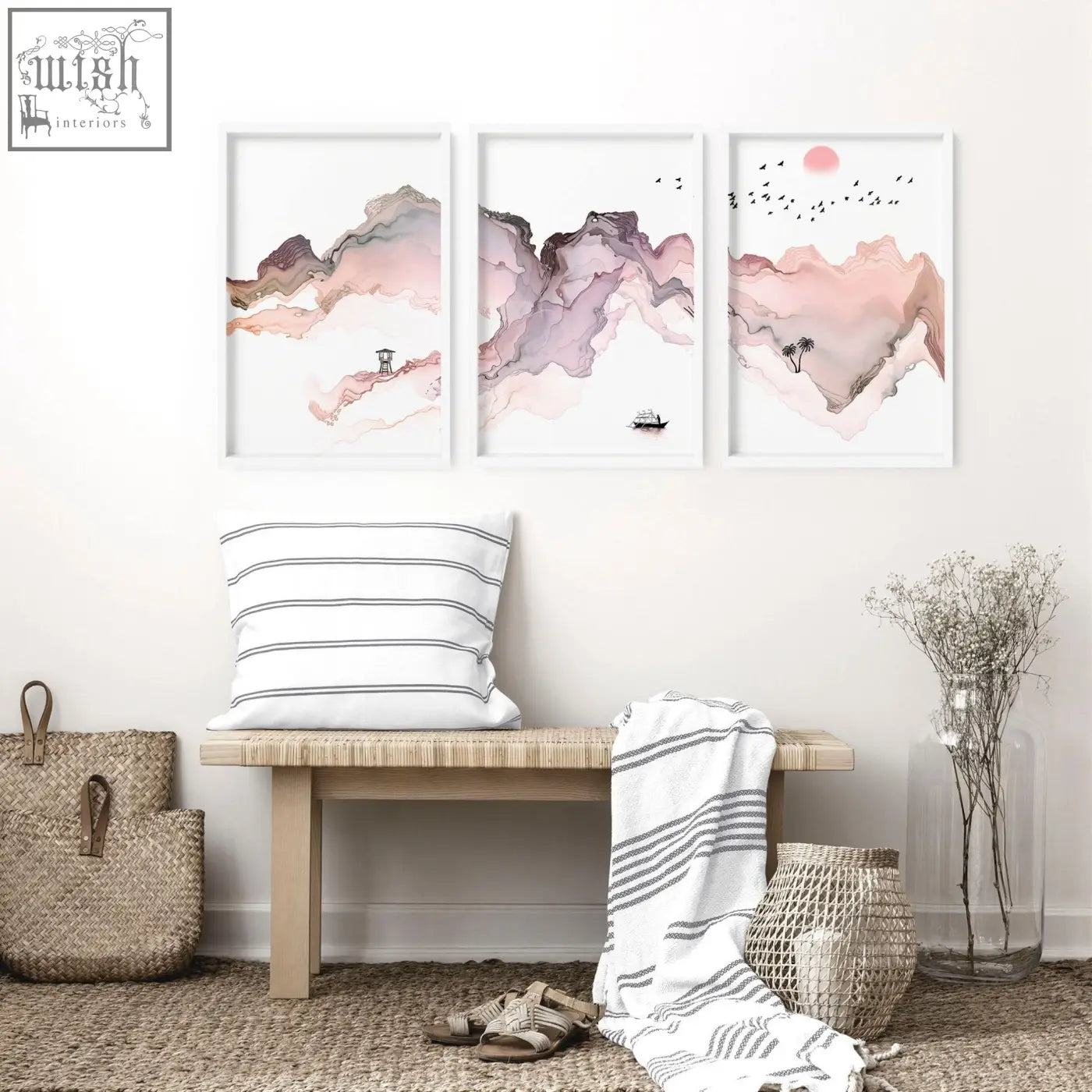 Set of 3 framed watercolor mountain wall art prints in soft pink mauve and beige perfect for seaside wall decor