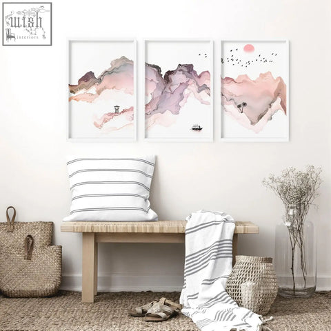Set of 3 framed watercolor mountain wall art prints in soft pink mauve and beige perfect for seaside wall decor
