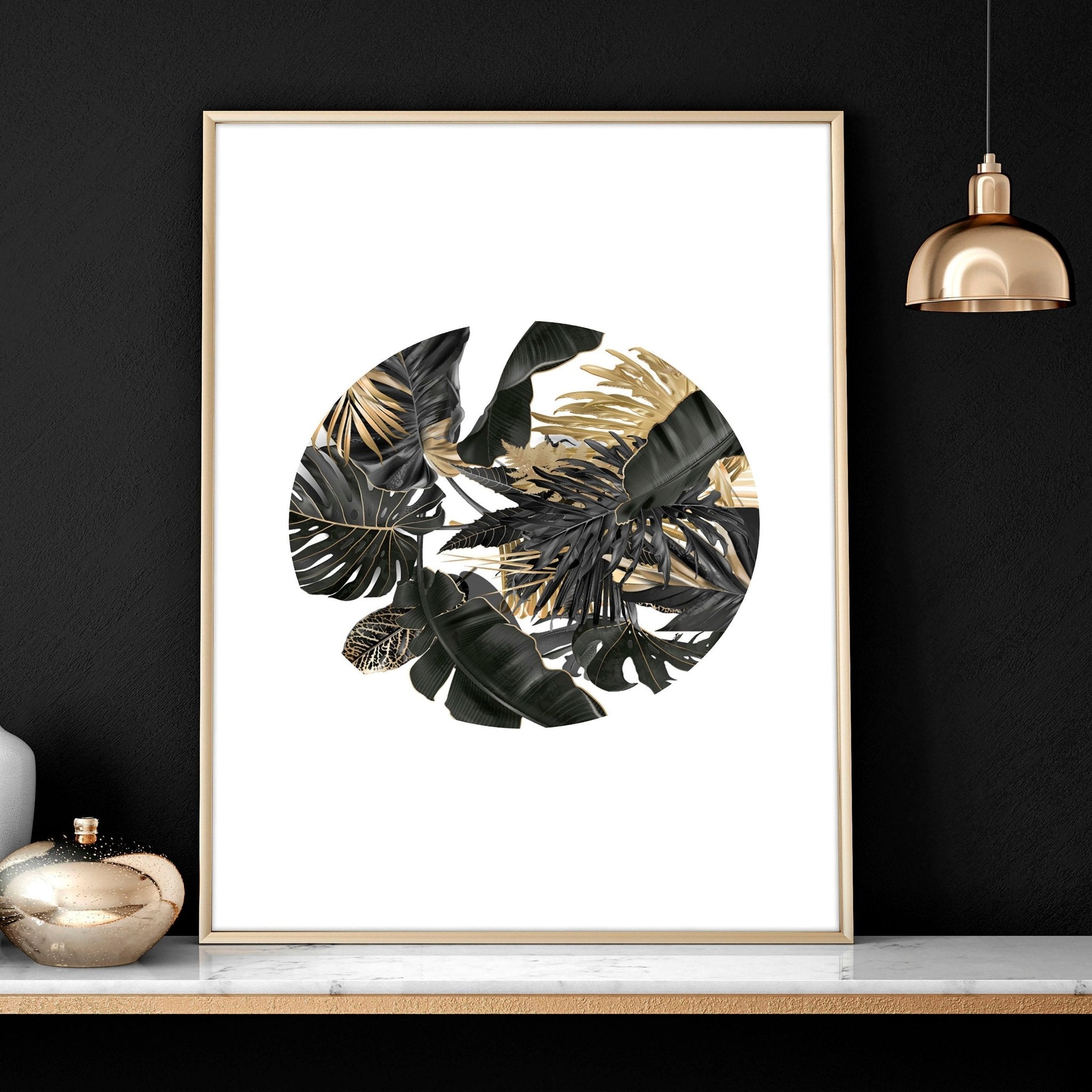 Wall art with gold for living room | set of 3 Tropical wall art prints
