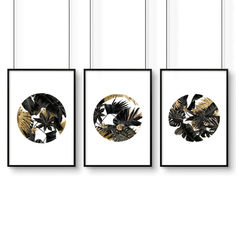 Wall art with gold for living room | set of 3 Tropical wall art prints