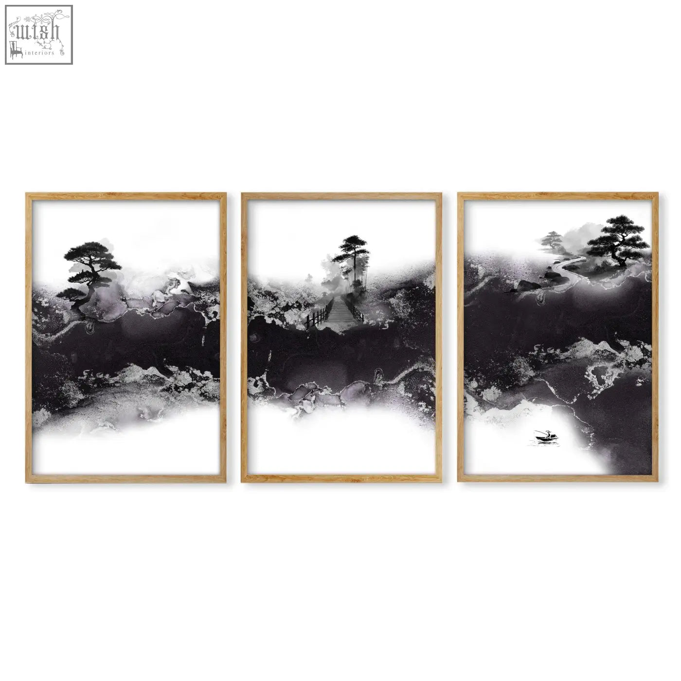 Set of three framed black and white ink wash landscape prints with minimalist wooden frames for high ceiling living room decor