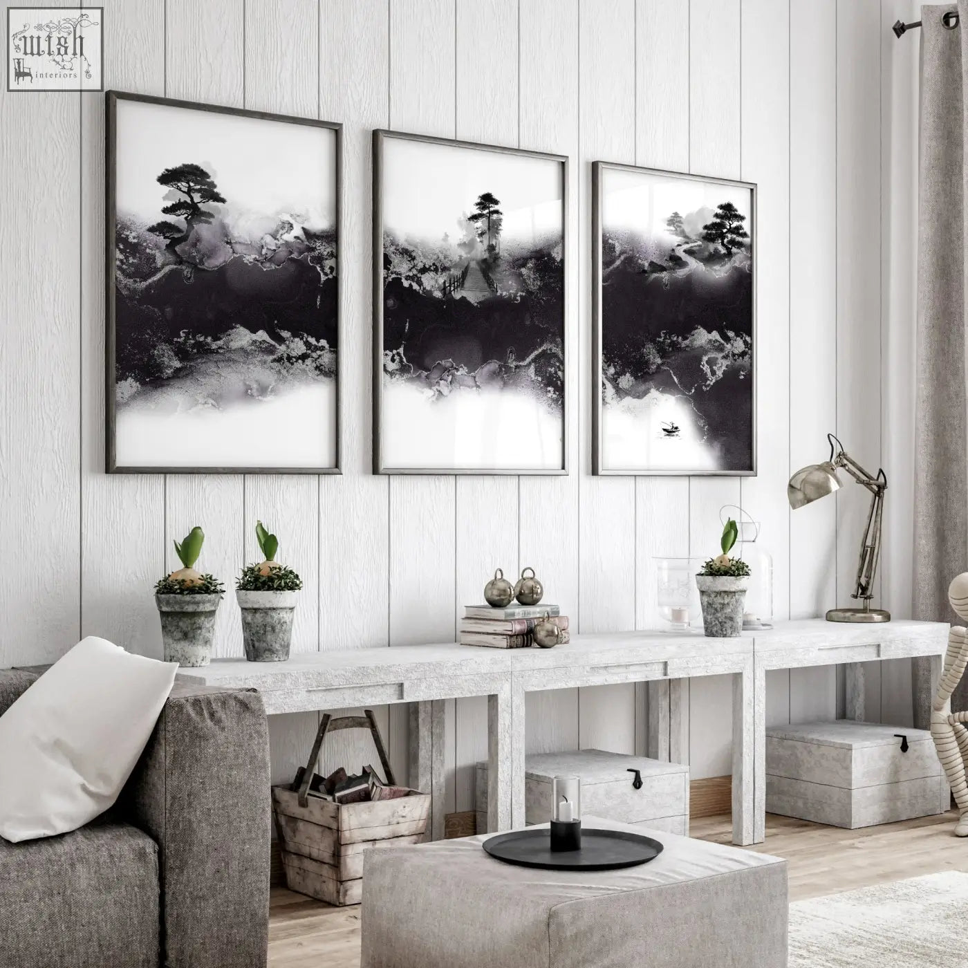 Three framed black and white ink landscape prints with misty mountains for high ceiling living room wall decor