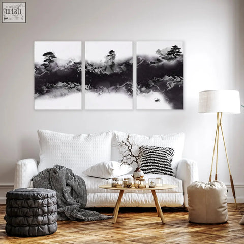 Three-panel black and white ink wash landscape art with misty mountains for high ceiling living room decor
