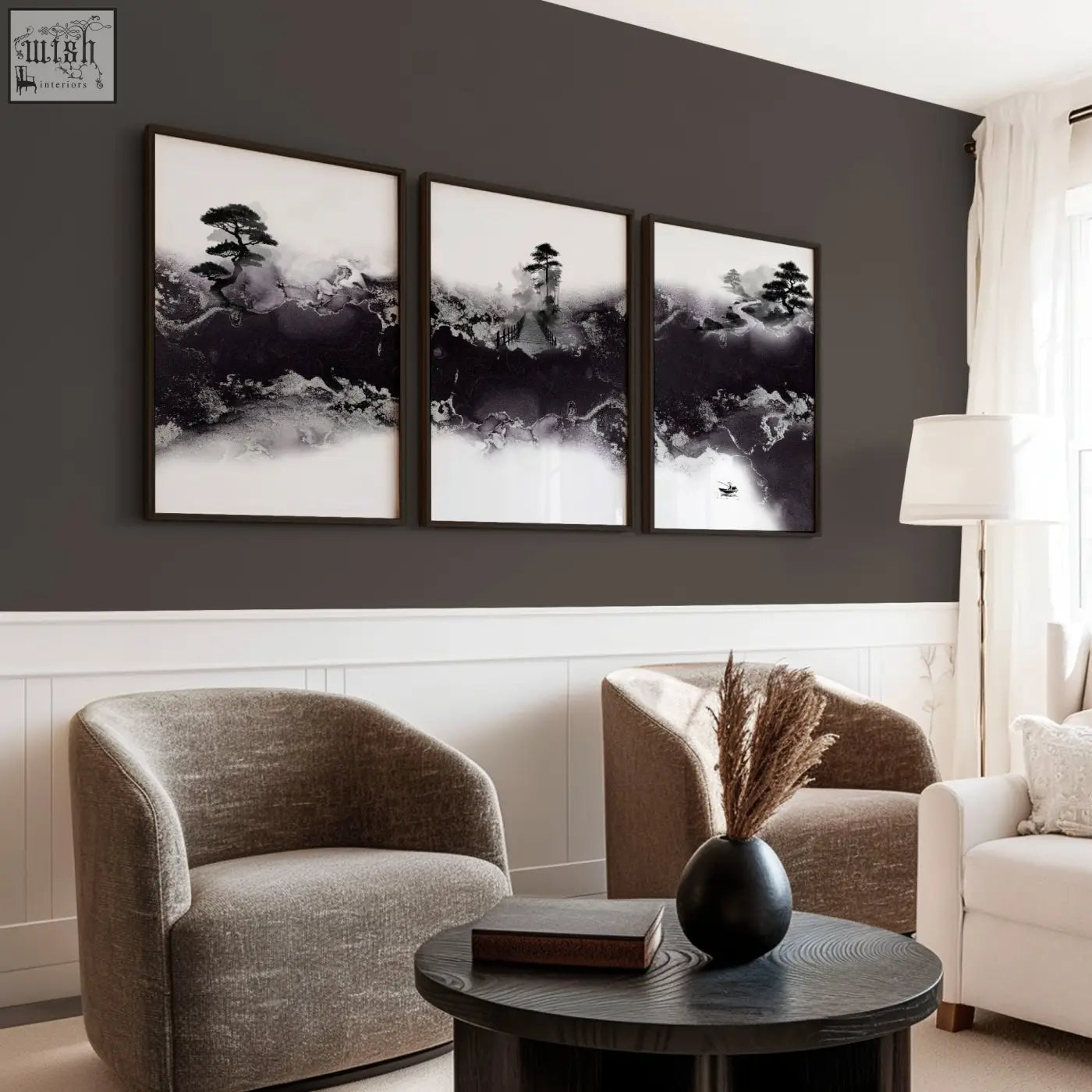 Black ceramic vase with dried pampas grass for high ceiling living room wall decor and japandi art prints set