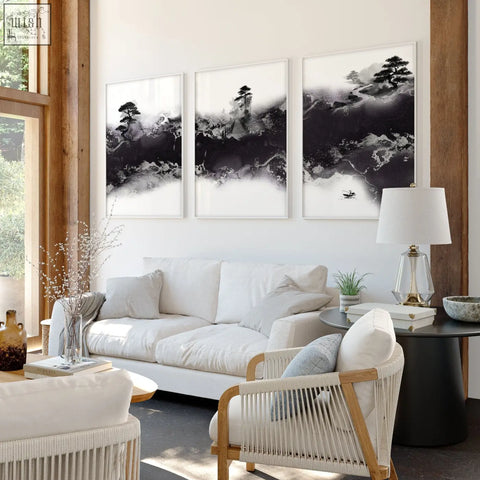 Three framed black and white ink wash landscape prints perfect wall decor for high ceiling living room spaces