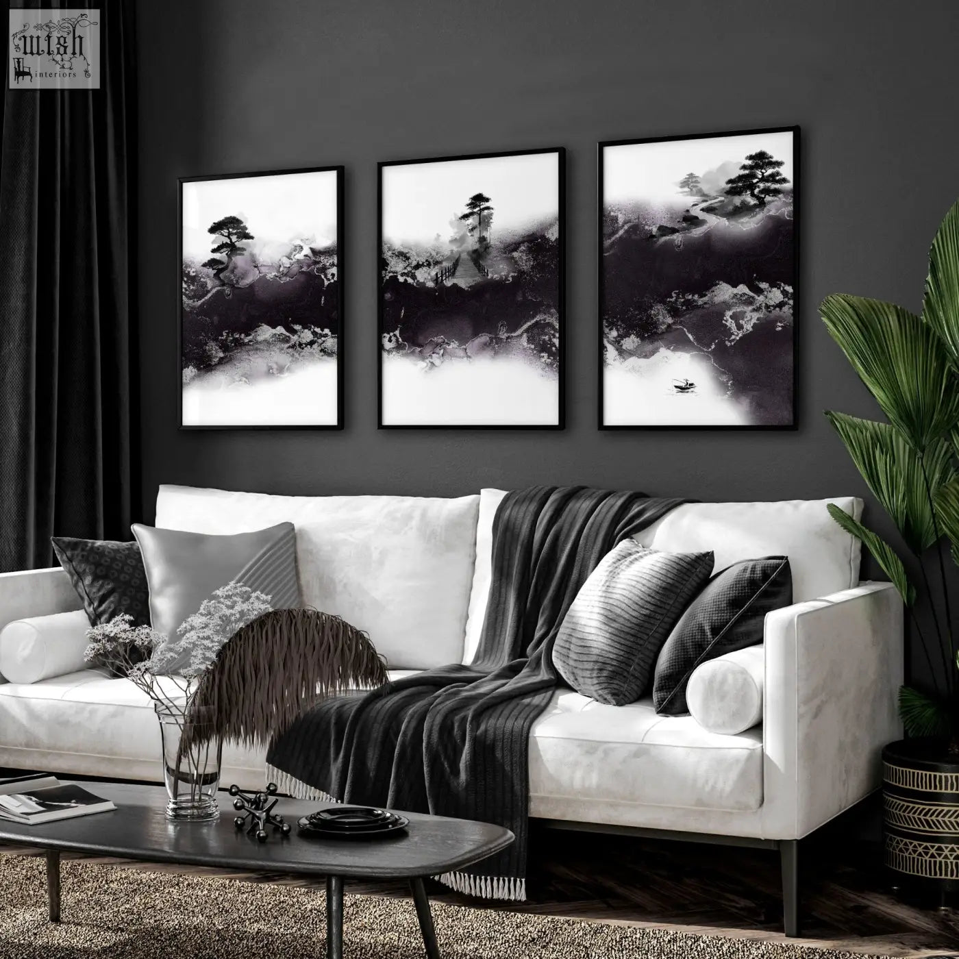 Three framed black and white ink landscape art prints with misty mountains and pines for high ceiling living room wall decor