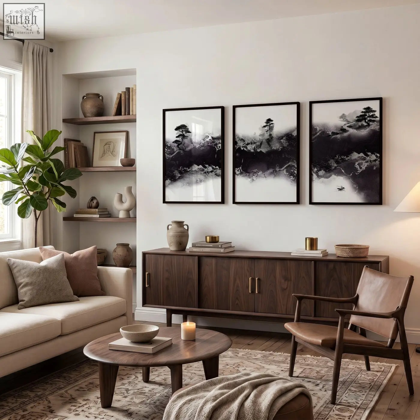 Three framed black and white mauve ink abstract landscape art prints hanging above a dark wood sideboard for high ceiling living room