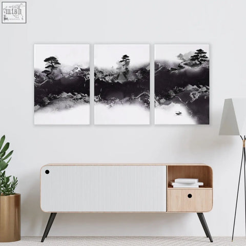 Three-panel black and white ink wash landscape art with misty mountains and pine trees for high ceiling living room wall decor