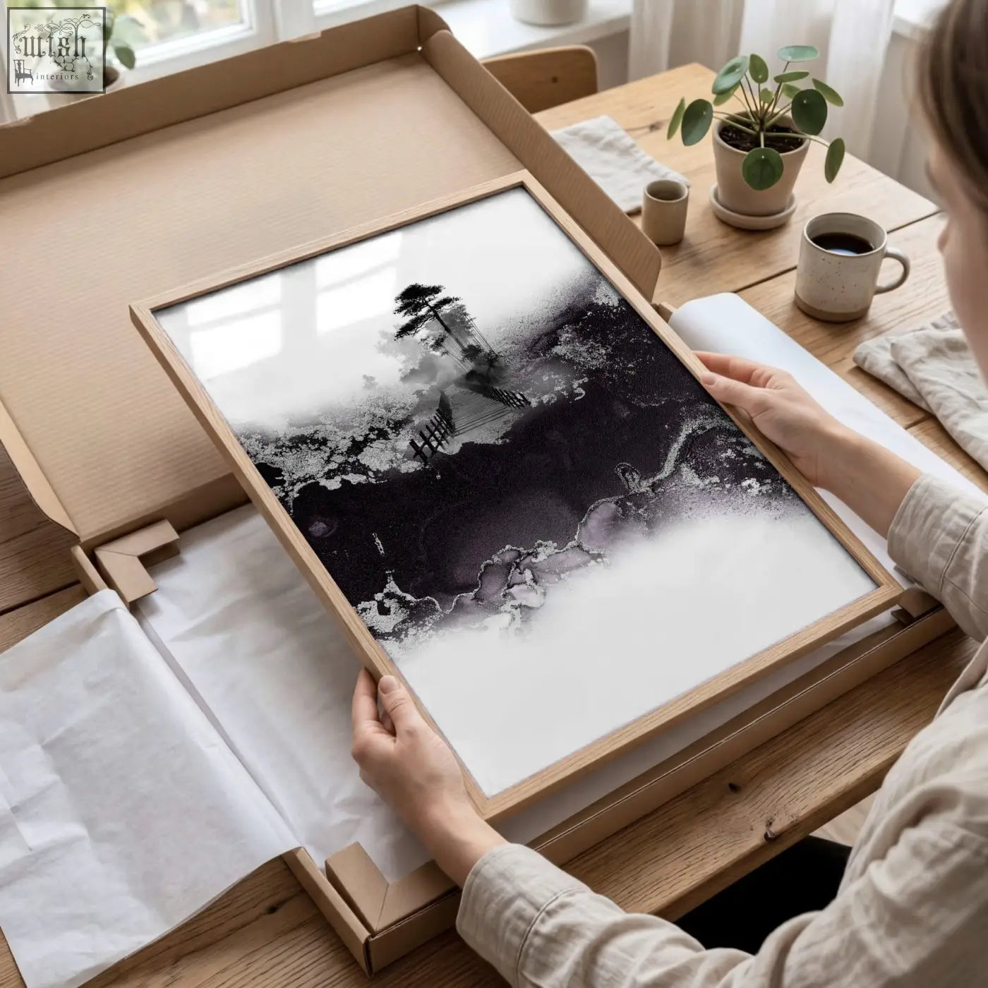 Minimalist black and white abstract landscape print in light wood frame perfect for high ceiling living room wall decor