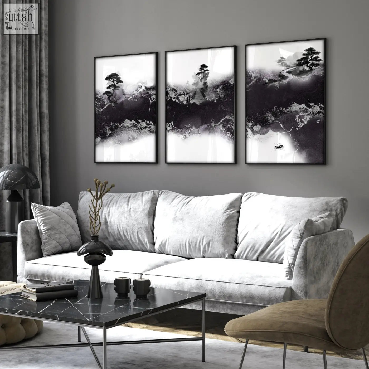 Set of three black and white framed abstract landscape prints with misty mountains perfect for high ceiling living room wall decor