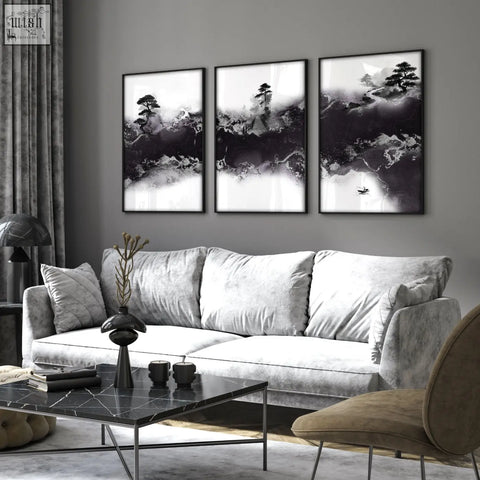 Set of three black and white framed abstract landscape prints with misty mountains perfect for high ceiling living room wall decor