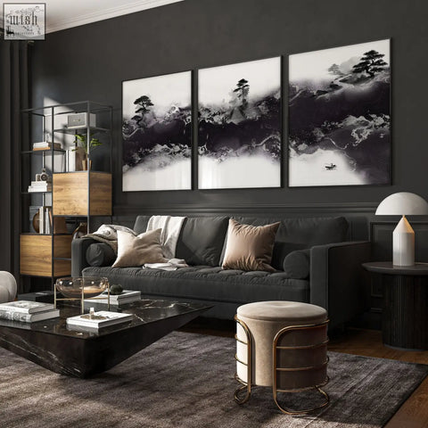 Black and white triptych mountain and pine tree wall decor with boat for high ceiling living room Japandi style