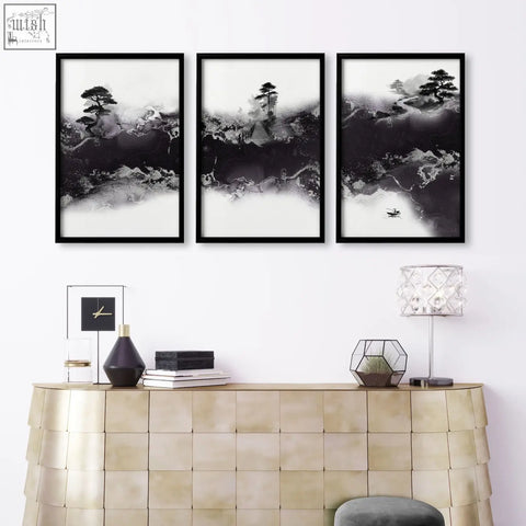 Set of three black-framed minimalist ink wash landscape art prints perfect for high ceiling living room decor