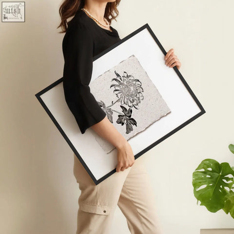 Black-framed wall decor grey featuring detailed chrysanthemum ink illustration on textured off-white paper set of 3