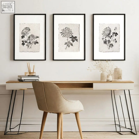 Three black-framed grey wall decor prints with monochrome chrysanthemum illustrations on textured paper above desk