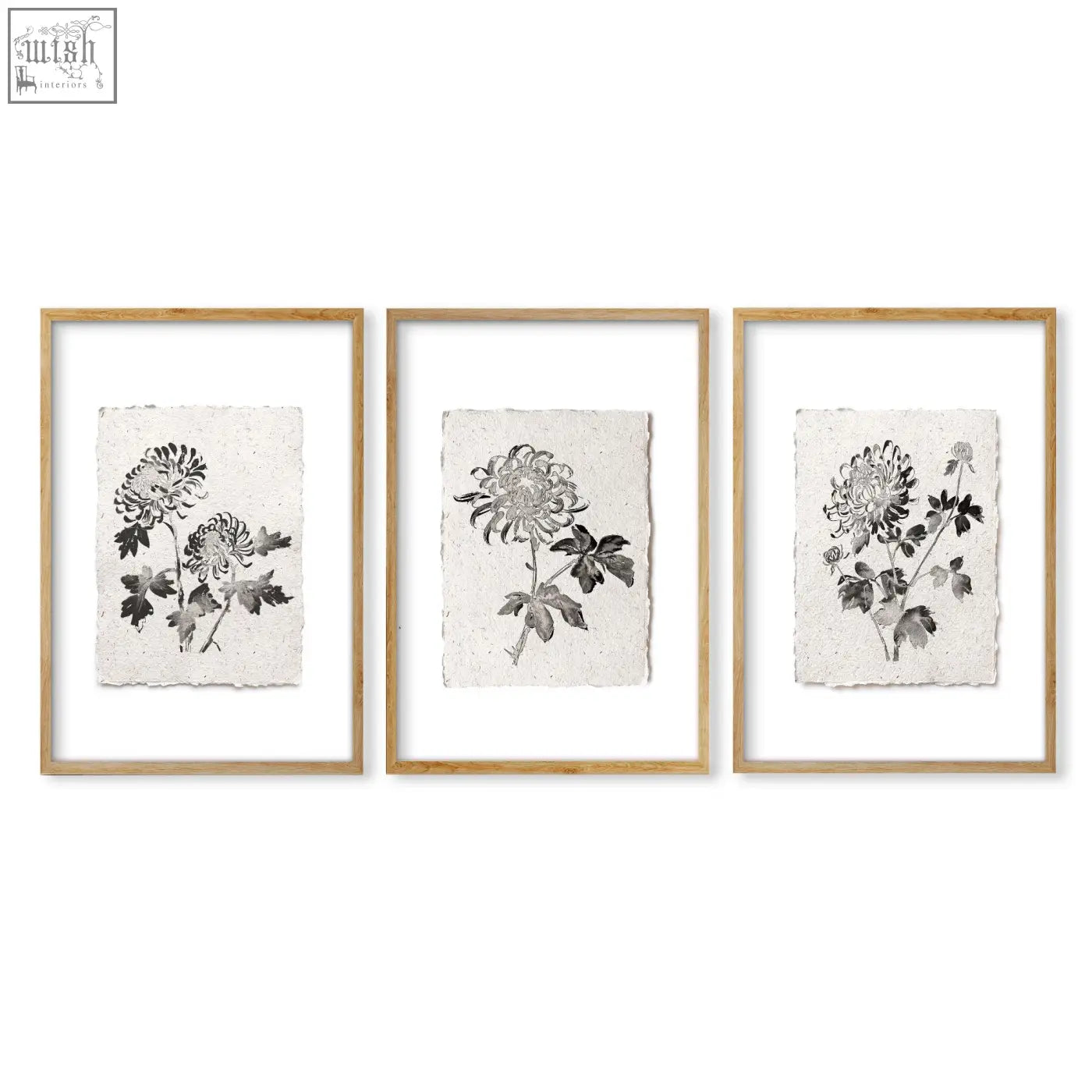 Set of three framed chrysanthemum botanical prints on textured off-white paper in light wood frames wall decor grey