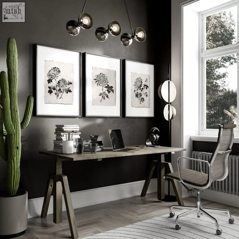 Modern black and white floral wall decor grey chrysanthemum ink prints in white frames above wooden desk