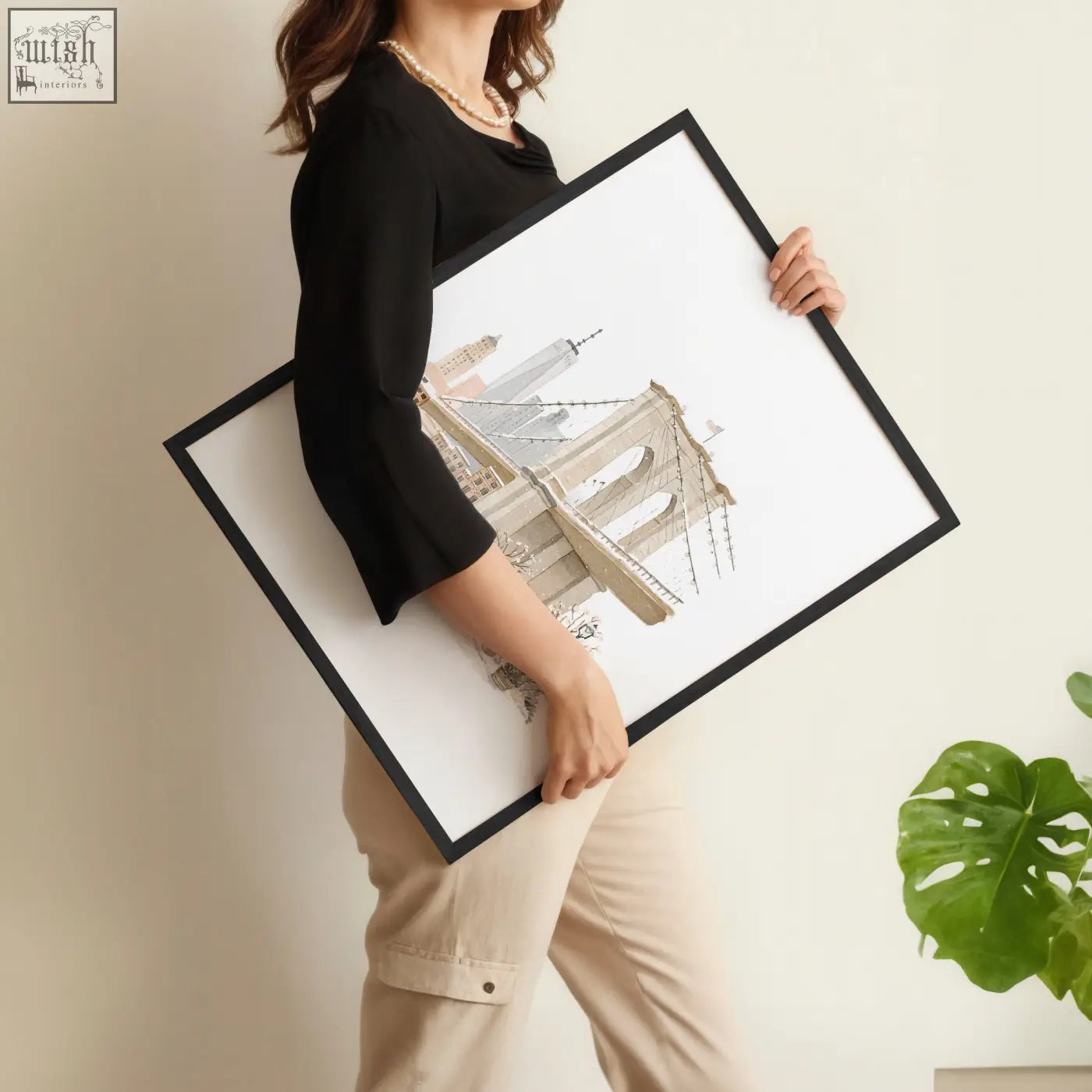Black-framed wall decor featuring detailed brooklyn bridge illustration in beige and gray perfect for living room ideas