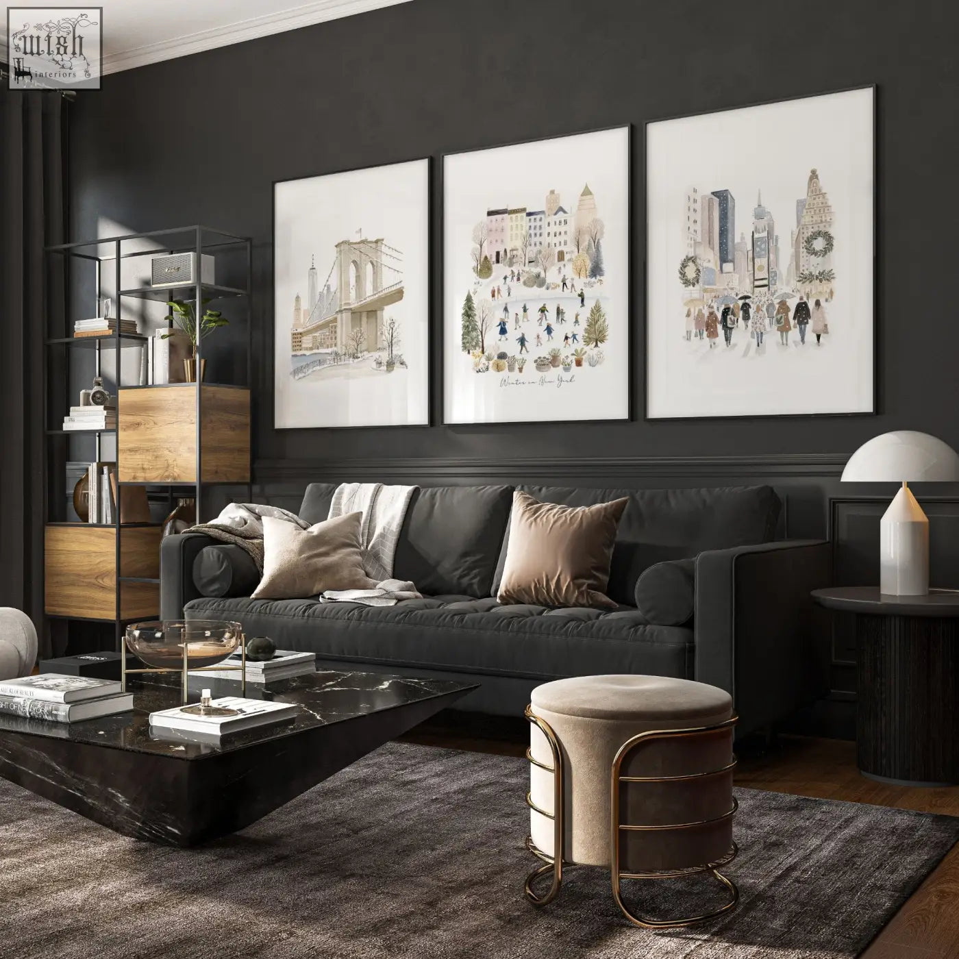 Dark gray velvet sofa with beige and taupe throw pillows featured in living room ideas wall decor with nyc travel art prints