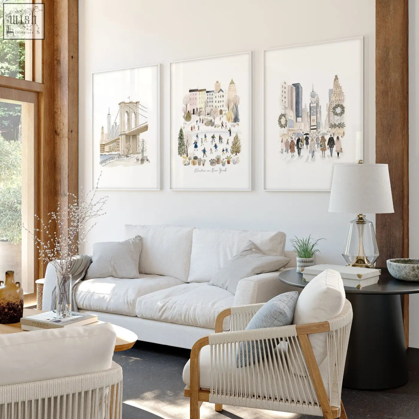Three framed beige pastel watercolor cityscape prints of new york hanging on wall perfect for living room wall decor ideas
