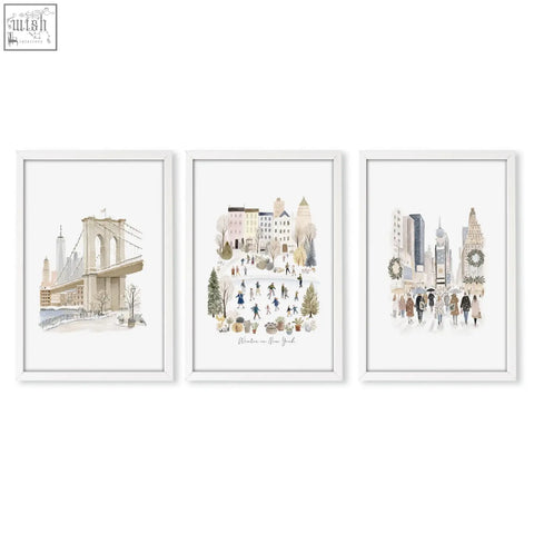 Set of three white-framed beige pastel watercolor prints depicting winter in new york for living room wall decor ideas